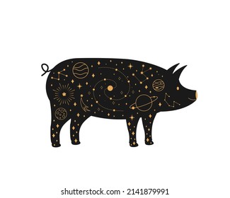 Black magical pig, Mystic crescent moon esoteric symbol, constellation elements. witchy black pet.