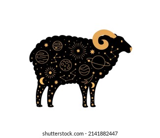 Black magical sheep, Mystic crescent moon esoteric symbol, constellation elements.