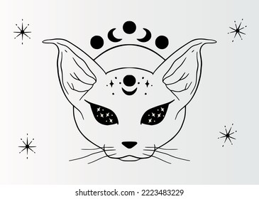 Black magical witchy cat, Mystic Sphynx cat with crescent moon esoteric symbol. Vector illustration