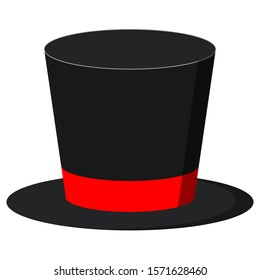 Black magician cylinder hat with red ribbon isolated on white background.  Flat design magic hat icon. Retro style elegant men's headdress image. Gentleman accessory vector illustration.
