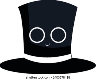 Black magician hat cylindrical in shape has a white ribbon tied to its base with which he plays tricks and pulls rabbits out of it, has a little smiling face, vector, color drawing or illustration.