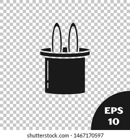 Black Magician hat and rabbit ears icon isolated on transparent background. Magic trick. Mystery entertainment concept.  Vector Illustration