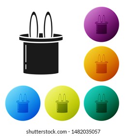 Black Magician hat and rabbit ears icon isolated on white background. Magic trick. Mystery entertainment concept. Set icons colorful circle buttons. Vector Illustration