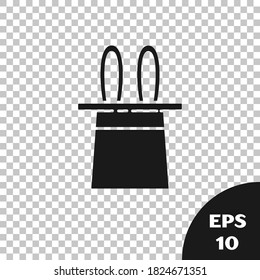 Black Magician hat and rabbit ears icon isolated on transparent background. Magic trick. Mystery entertainment concept.  Vector Illustration
