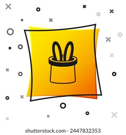 Black Magician hat and rabbit ears icon isolated on white background. Magic trick. Mystery entertainment concept. Yellow square button. Vector