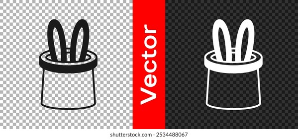 Icono negro del sombrero del mago y de las orejas del conejo aislado en fondo transparente. Truco mágico. Concepto de entretenimiento misterioso.  Vector