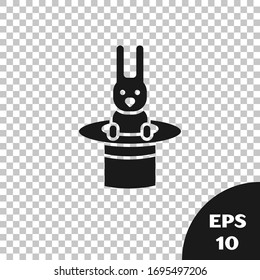 Black Magician hat and rabbit icon isolated on transparent background. Magic trick. Mystery entertainment concept.  Vector Illustration