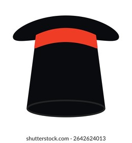 Black magician hat with red band vector illustration. Clipart image isolated on background.