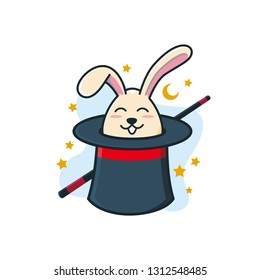 black magician hat and wand with smiling bunny cartoon character inside. magic bunny/rabbit mascot logo. magician logo illustration 