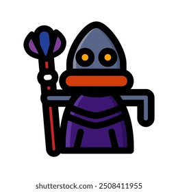 Black magician necromancer. Cartoon wizard character with a magic wand and armor.