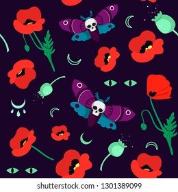 Black magic.Seamless pattern with moths and poppy. Vector isolated on dark background
