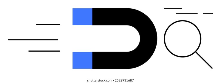 Black magnet with blue ends attracting a magnifying glass, symbolizing search optimization and marketing. Ideal for SEO strategies, online marketing, search engine trends, digital recruitment, user