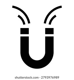 Black magnet with curved field lines on white background representing magnetic attraction