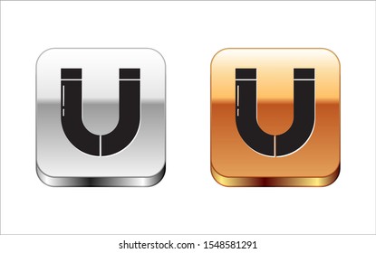 Black Magnet icon isolated on white background. Horseshoe magnet, magnetism, magnetize, attraction. Silver-gold square button. Vector Illustration