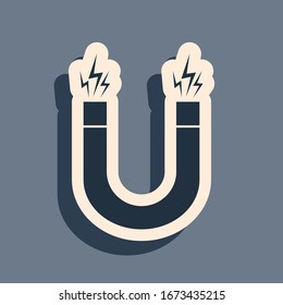 Black Magnet icon isolated on grey background. Horseshoe magnet, magnetism, magnetize, attraction. Long shadow style. Vector Illustration