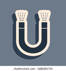 Black Magnet icon isolated on grey background. Horseshoe magnet, magnetism, magnetize, attraction. Long shadow style. Vector Illustration