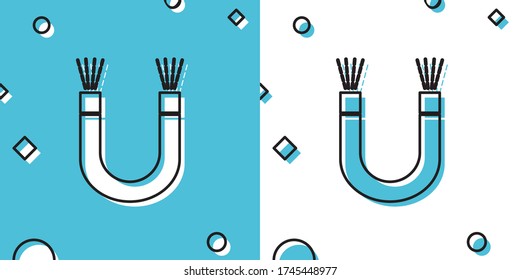 Black Magnet icon isolated on blue and white background. Horseshoe magnet, magnetism, magnetize, attraction. Random dynamic shapes. Vector Illustration