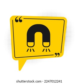 Black Magnet icon isolated on white background. Horseshoe magnet, magnetism, magnetize, attraction. Yellow speech bubble symbol. Vector