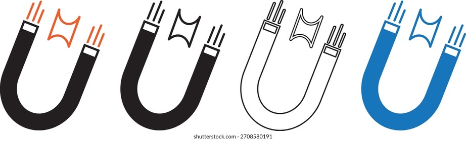 Conjunto de símbolos de Vector de icono de imán negro ilustración de colección de estilo múltiple
