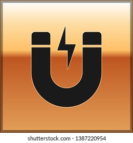 Black Magnet with lightning icon isolated on gold background. Horseshoe magnet, magnetism, magnetize, attraction sign. Vector Illustration