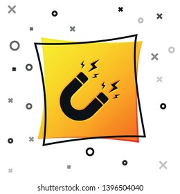 Black Magnet with lightning icon isolated on white background. Horseshoe magnet, magnetism, magnetize, attraction sign. Yellow square button. Vector Illustration