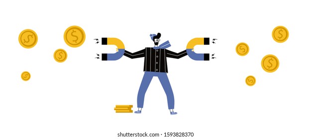 Black Magnet with lightning icon isolated on background. Horseshoe magnet, magnetism, magnetize, attraction sign. Random dynamic shapes. Vector Illustration in flat cartoon style.