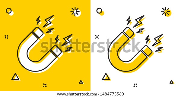Black Magnet with\
lightning icon isolated on yellow and white background. Horseshoe\
magnet, magnetism, magnetize, attraction sign. Random dynamic\
shapes. Vector\
Illustration