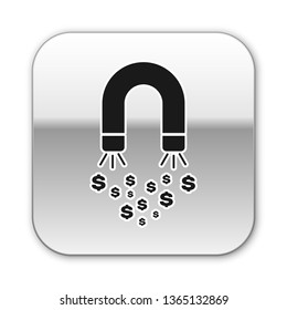 Black Magnet with money icon isolated on white background. Concept of attracting investments, money. Big business profit attraction and success. Silver square button. Vector Illustration