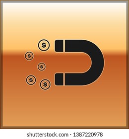 Black Magnet with money icon isolated on gold background. Concept of attracting investments, money. Big business profit attraction and success. Vector Illustration