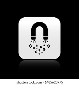 Black Magnet with money icon isolated on black background. Concept of attracting investments, money. Big business profit attraction and success. Silver square button. Vector Illustration