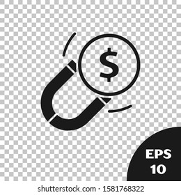 Black Magnet with money icon isolated on transparent background. Concept of attracting investments. Big business profit attraction and success.  Vector Illustration