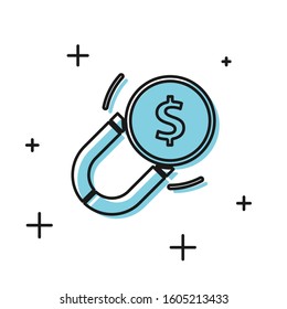 Black Magnet with money icon isolated on white background. Concept of attracting investments. Big business profit attraction and success.  Vector Illustration