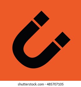 Black magnet vector icon. Orange background