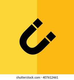 Black magnet vector icon. Yellow background