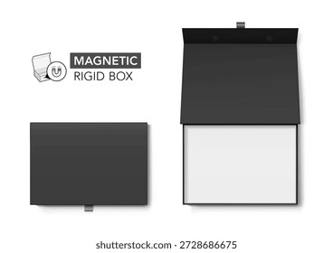 Black magnetic rigid box with tab mockup. Vector illustration isolated on white background. Taking your 2D designs into 3D. Can be use for gift box, luxury, cosmetics, and other goods. EPS10.