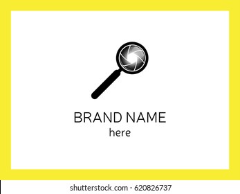 Black magnifier with camera diaphragm on white background isolated for company logo