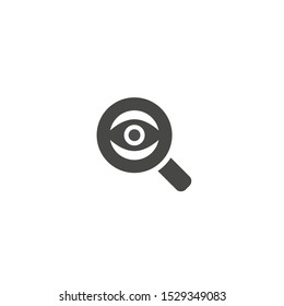 Black Magnifier with eye isolated on white. Magnifying glass icon. Search, look, find button for web pages. Vector illustration. Flat pictogram.