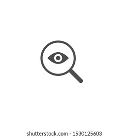 Black Magnifier with eye isolated on white. Magnifying glass icon. Search, look, find button for web pages. Vector illustration. Flat pictogram.