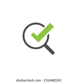 Black Magnifier With Green Ok Tick Isolated On White. Magnifying Glass Icon. Search And Found  Button For Web Pages. Vector Illustration. Flat Validation Pictogram.