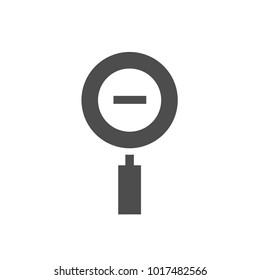 Black magnifier with minus sign isolated on white. Magnifying glass icon. Zoom out button for web pages. Vector illustration. Flat pictogram.