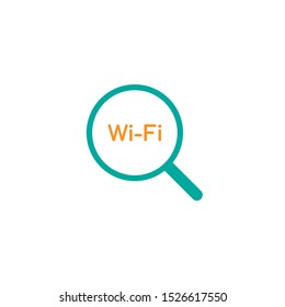 Black Magnifier with wi-fi sign.  Wi-Fi icon search. Magnifying glass icon isolated on white. . Search button for web pages. Vector illustration. Flat pictogram.