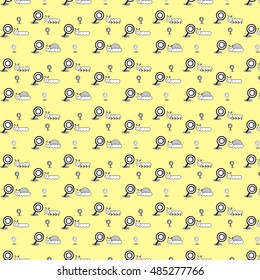 black magnifying glass and animal cartoon characters such as worm, snail and centipede vector illustration pattern background