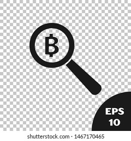 Black Magnifying glass with Bitcoin icon isolated on transparent background. Physical bit coin. Blockchain based secure crypto currency.  Vector Illustration