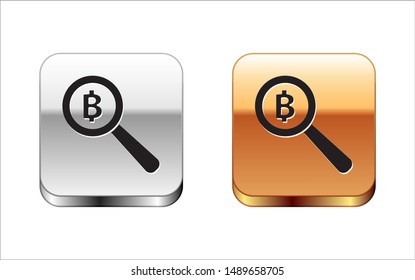 Black Magnifying glass with Bitcoin icon isolated on white background. Physical bit coin. Blockchain based secure crypto currency. Silver-gold square button. Vector Illustration