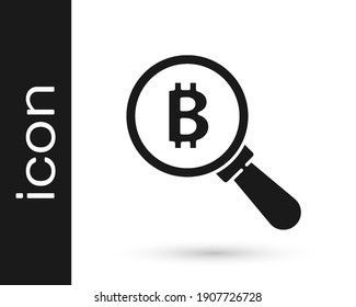 Black Magnifying glass with Bitcoin icon isolated on white background. Physical bit coin. Blockchain based secure crypto currency.  Vector