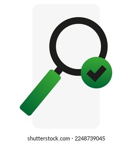 Black magnifying glass checkmark. Vector illustration.