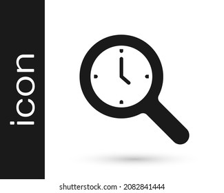 Black Magnifying glass with clock icon isolated on white background. Clock search.  Vector