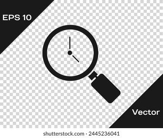 Black Magnifying glass with clock icon isolated on transparent background.  Vector