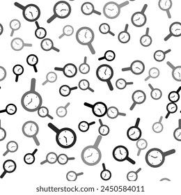 Black Magnifying glass with clock icon isolated seamless pattern on white background. Clock search.  Vector