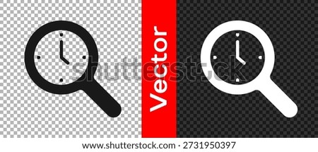 Black Magnifying glass with clock icon isolated on transparent background. Clock search.  Vector